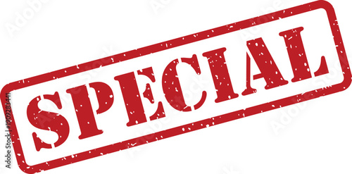 A red grunge rubber stamp with the word SPECIAL prominently displayed across a clean white page
