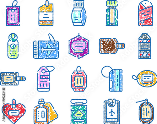 Set of assorted travel identifying baggage tags, labels, and tickets for luggage, representing concepts of tourism, journey, air travel, and identification