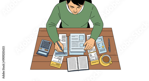 A top view of a man reviewing a shopping receipt, notebook, and calculator while holding a pen. This illustration illustrates the concepts of household budget planning, tax audits, and personal financ