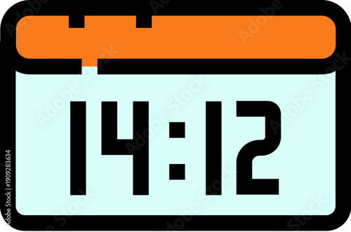 Digital clock displaying the time 14,12 with an orange top bar and light blue display, conveying concepts of planning, appointments, and schedules in a flat icon design