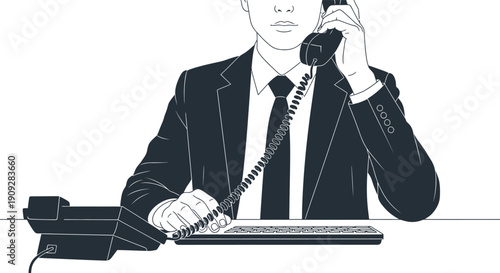 Vector illustration of a professional wearing a suit making a phone call while typing on a keyboard. Concept for customer service, call center, or administrative business support.