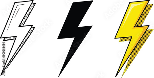 Collection of three stylized lightning bolt graphics featuring a black silhouette a yellow pop art style with halftone dots and a simple outline drawing on a clean white background symbolizing energy