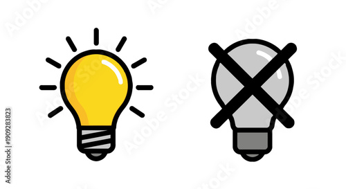 An illuminated lightbulb and a crossed-out lightbulb beside it, symbolizing creativity and idea rejection in a simple graphic illustration style