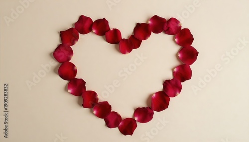 Top View Red Rose Petals Forming Heart Shape on Beige Background with Copy Space