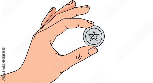 Illustration of a human hand holding a silver coin or token with a star logo in the center. It represents awards, loyalty points, bonuses, or virtual currency.