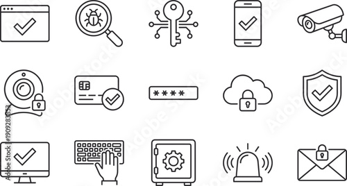 Linear vector icon set for cybersecurity and digital data protection featuring surveillance cameras secure passwords bug detection cloud safety and encrypted messaging symbols