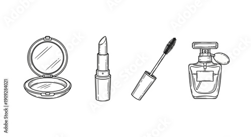 Hand-drawn cosmetic icons: lipstick, mascara, powder compact, perfume bottle on white background
