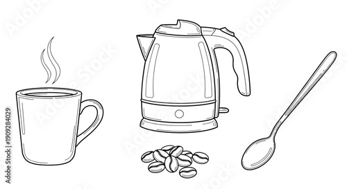 Hand-drawn illustration of coffee making essentials: steaming mug, electric kettle, coffee beans, and spoon