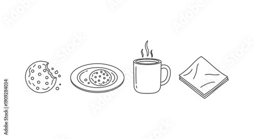 Hand-drawn illustration of a cookie, cookie on a plate, hot coffee mug, and napkin