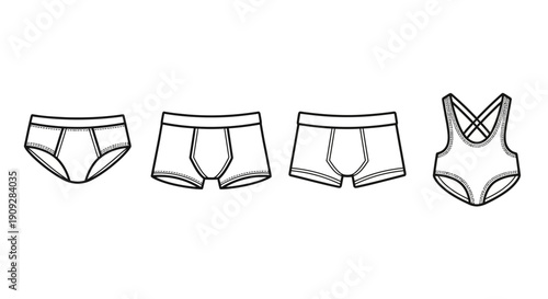 Hand-drawn illustration of men's underwear and a swimsuit on a white background