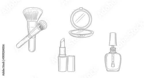 Hand-drawn makeup essentials: brushes, lipstick, compact mirror, nail polish on white background