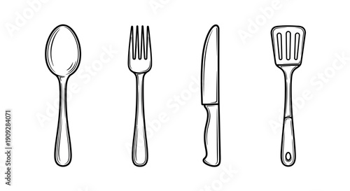 Hand-drawn sketch of kitchen utensils: spoon, fork, knife, and spatula on white background