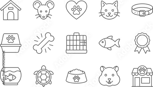 Linear vector icon set for pet care and animal supplies featuring dog houses cat faces hamster pets turtle shells fish bowls and veterinary awards