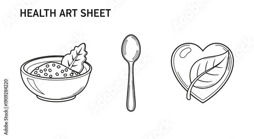 Healthy Food and Heart Icon: Bowl of Grains, Spoon, and Heart with Leaf