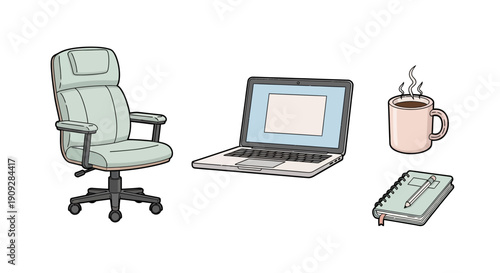 Home Office Setup: Ergonomic Chair, Laptop, Coffee, and Notebook