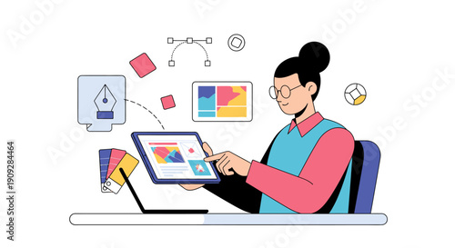 Female graphic designer working on a digital tablet at her desk. Creative workspace concept.