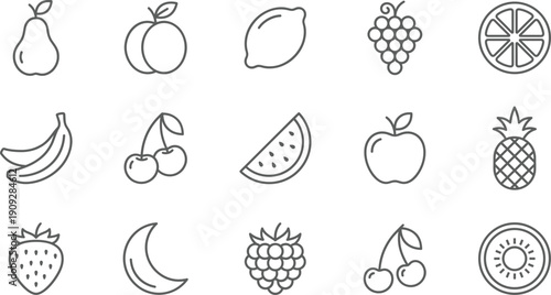 Linear vector icon set for organic fruit and healthy nutrition featuring pears peaches lemons grapes oranges bananas cherries watermelon apples strawberries and pineapple symbols