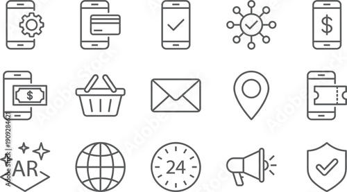 Linear vector icon set for mobile technology and digital services featuring smartphone payments secure browsing global networking augmented reality shopping baskets and megaphone alerts