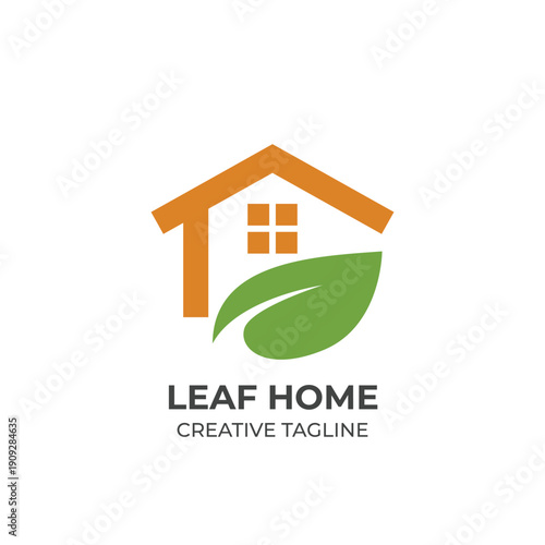 House Logo with Leaf Element Flat Vector Design