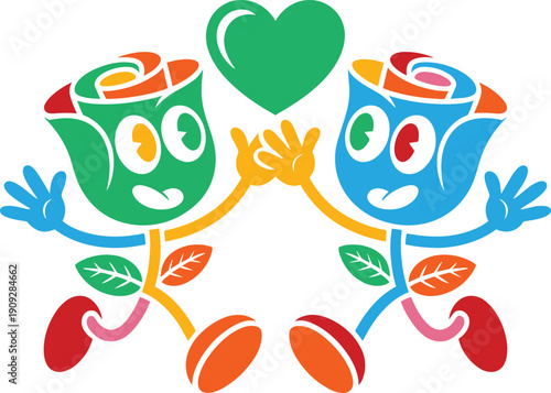 Abstract flower characters holding hands with green heart above, colorful vector