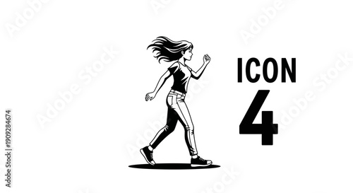 Dynamic Woman Walking Icon, Energetic Movement, Casual Style, Black and White Graphic