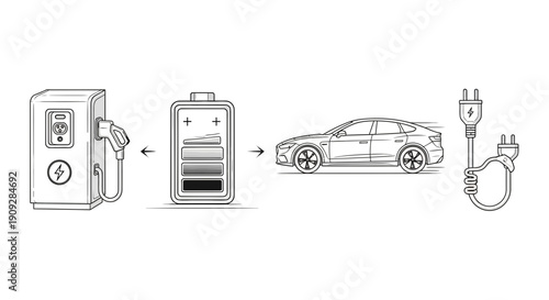 Electric car charging station, battery, and car illustration with plug
