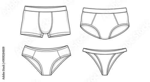 Fashion Flat Sketch: Underwear Collection - Boxers, Briefs, Bikini, Thong
