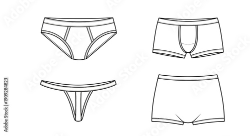 Fashion flat sketches of women's underwear: briefs, thong, and boxer briefs.