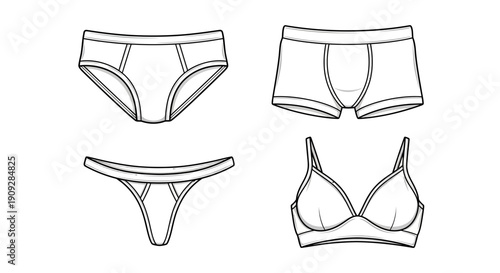 Fashion Line Art: Women's Underwear Set - Bra, Panties, Briefs, Thong