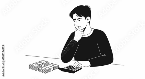 Young man sitting at a desk, looking thoughtful and worried while calculating money using a calculator. Concept of financial problems, budgeting, and economic stress.