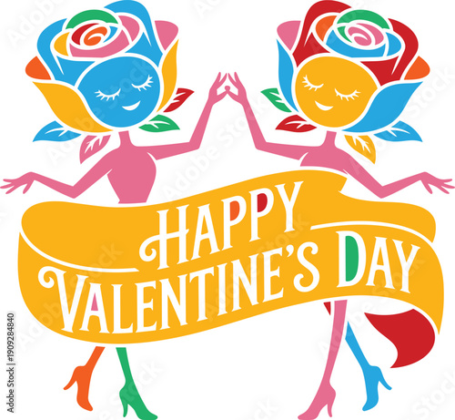 Elegant dancing floral characters holding hands with vintage ribbon banner for valentines day