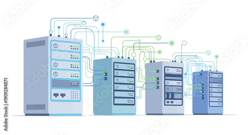 Data center server racks with digital connection lines and data blocks. Concept of cloud computing, network hosting, and database infrastructure.