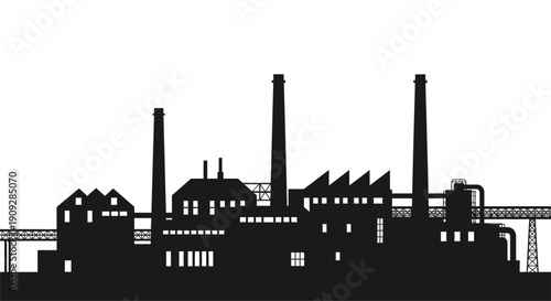 Black silhouette of a large industrial factory plant with high chimneys and manufacturing buildings isolated on white background.