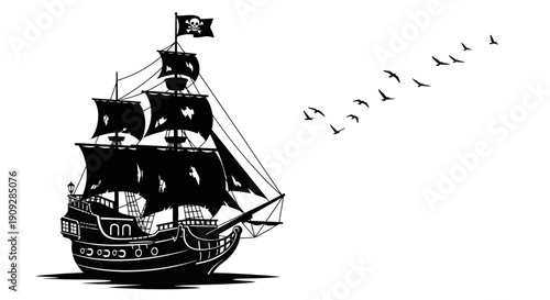 Silhouette Pirate Ship Sailing with Flock of Birds on White Background