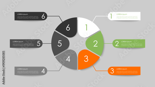 Pie chart divided into 6 equal parts. Layout for data visualization, annual reports and presentation slides