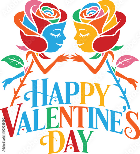 Happy valentine's day greeting with abstract flower characters holding hands