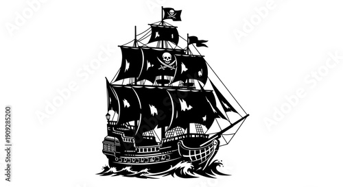 Pirate Ship Silhouette with Jolly Roger Flag on Waves