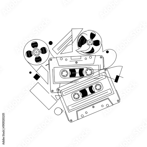 Retro audio cassette tapes and film reels, abstract line art illustration