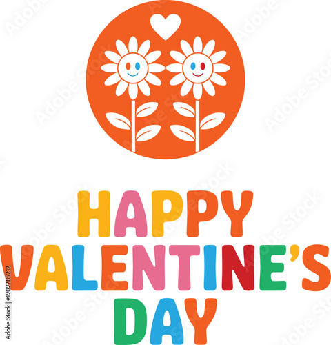 Happy valentines day message with cute flower characters and striped background