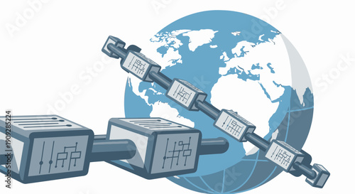 Global blockchain technology and network connection concept. Illustration of digital data blocks linked together in a chain with a globe map in the background.