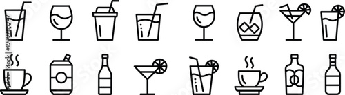 Beverage and drink line icons set featuring coffee, cocktails, wine, soft drinks, alcohol bottles, glasses, and café bar menu symbols