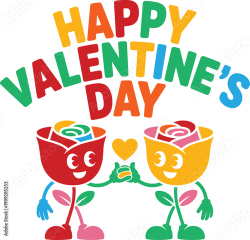 Happy valentine's day vector art with cheerful flower characters holding heart