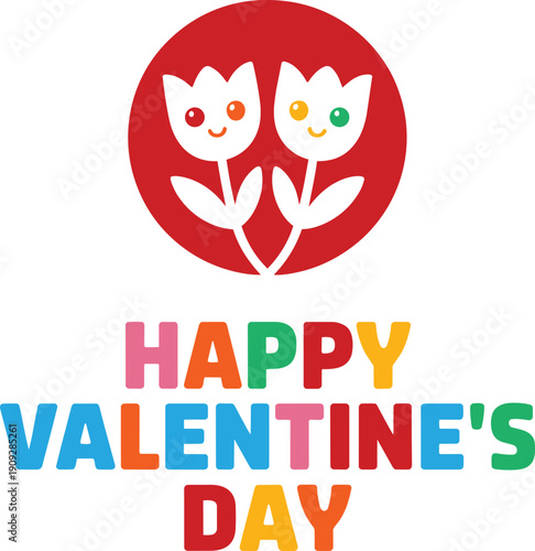 Happy valentines day tulips illustration with bright colorful text and red circle