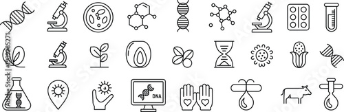 Biotechnology and Life Science Line Icons Set Featuring DNA, Genetics, Laboratory Research, Microscopy, Bioengineering, Medical Analysis and Scientific Symbols