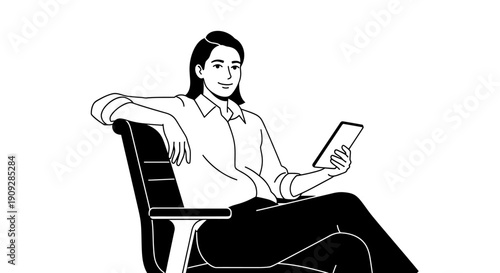 Successful business woman sitting on office chair and holding digital tablet illustration.