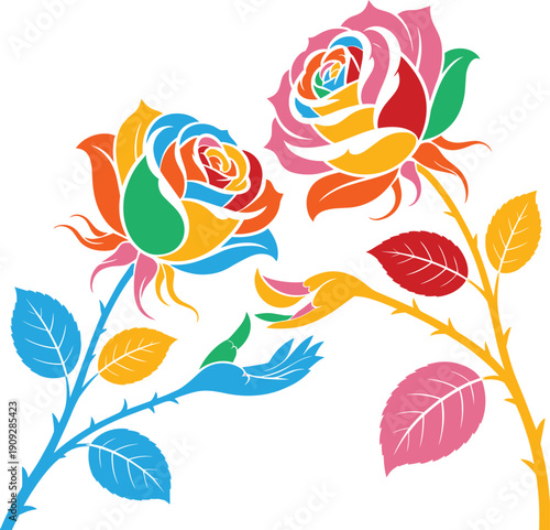 Two colorful rose branches with leaves and a hand reaching out, abstract art