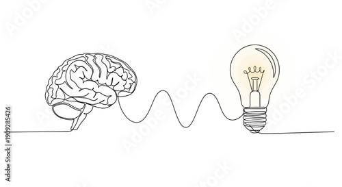 Brain Connected to Light Bulb - Line Art