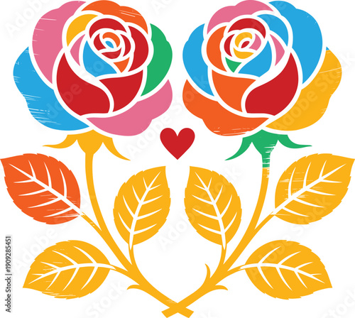 Two elegant rose stems with colorful petals and leaves forming a heart shape