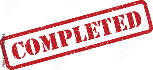 An authentic red rubber stamp with a gritty texture featuring the word COMPLETED prominently on a white backdrop