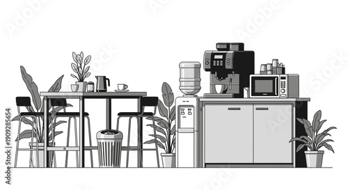 Modern office breakroom interior with coffee machine and pantry.